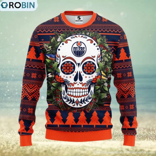 Edmonton Oilers Skull Flower Ugly Christmas Ugly Sweater