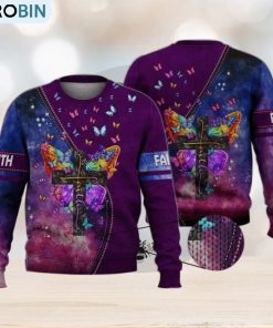 Faith Cross Floral Purple Butterfly Starry Galaxy 3D Full Print Ugly Sweater Christmas Gift Sweater