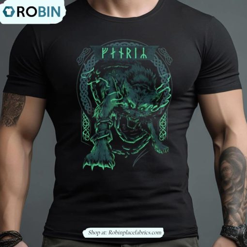 Fenrir Wolf Norse Futhark Runes Viking Green Shirt