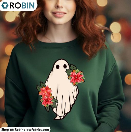Flower Ghost Christmas Shirt, Trendy Crewneck Unisex Hoodie