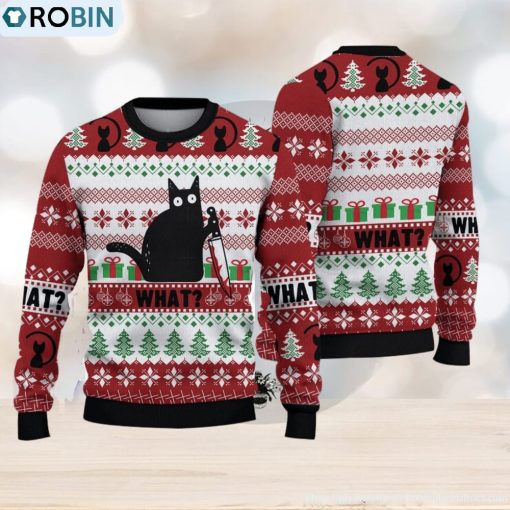 Funny Black Cat Christmas Gift For Holiday Black Cat What 3D Ugly Christmas Sweater