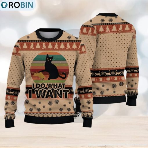 Funny Black Cat I Do What I Want Christmas Gift For Holiday Black Cat What 3D Ugly Christmas Sweater