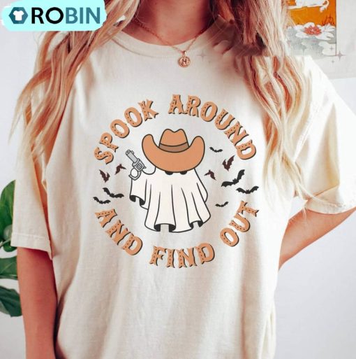 Ghost Halloween Cute Shirt, Cowboy Ghost Western Short Sleeve Sweater