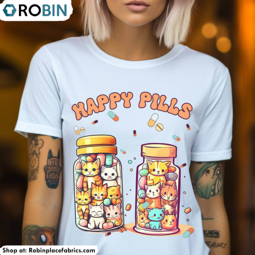 Happy Pills Medicine Shirt, Cute Cats Tee Tops Unisex Hoodie