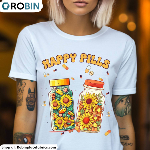 Happy Pills Medicine Sunflower Shirt, Vintage Design Long Sleeve Unisex T Shirt