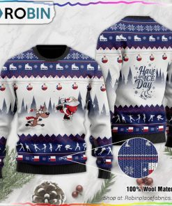 Have An Ice Day Santa Claus And Reindeer Speed Skating Ugly Christmas Sweater
