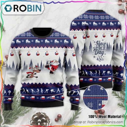Have An Ice Day Santa Claus And Reindeer Speed Skating Ugly Christmas Sweater