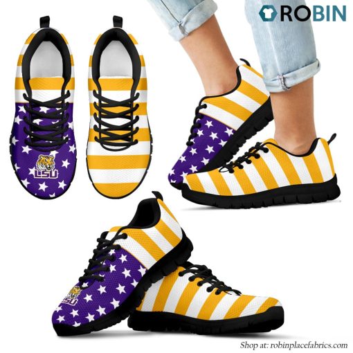 LSU Tigers America Flag Stripes Pattern Breathable Running Shoes