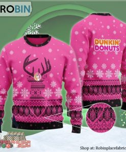 Pink Dunkin Donut Reindeer Snowy Ugly Christmas Sweater