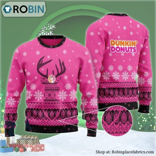 Pink Dunkin Donut Reindeer Snowy Ugly Christmas Sweater