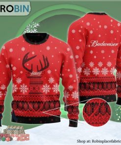 Red Budweiser Reindeer Snowy Ugly Christmas Sweater
