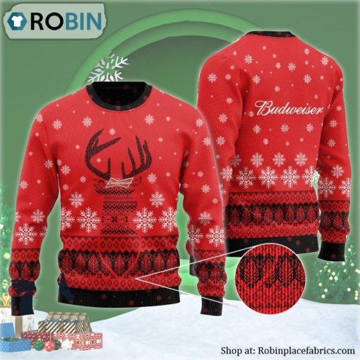 Red Budweiser Reindeer Snowy Ugly Christmas Sweater