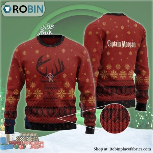 Red Captain Morgan Reindeer Snowy Ugly Christmas Sweater