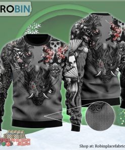 Samurai Oni Mask With Sakura Ugly Christmas Sweater