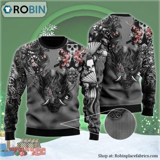 Samurai Oni Mask With Sakura Ugly Christmas Sweater