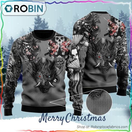 Samurai Oni Mask With Sakura Ugly Sweater