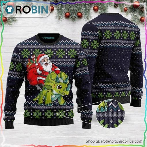 Santa Dinosaur Triceratops Ugly Christmas Sweater