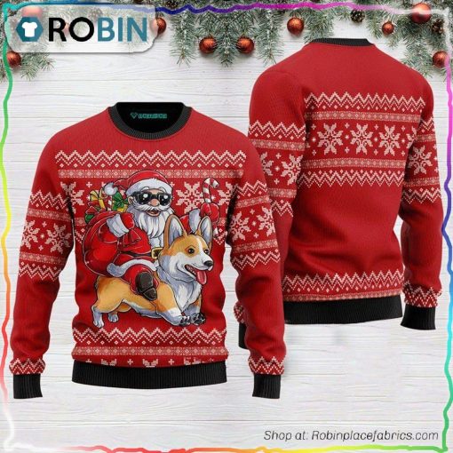 Santa Riding Corgi Ugly Christmas Sweater