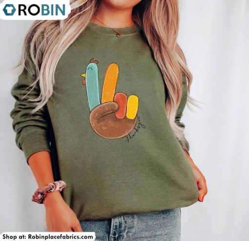 Unique Peace Sign Turkey Shirt, Retro Thanksgiving Unisex Hoodie Long Sleeve