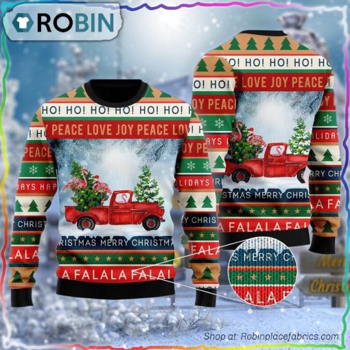 Xmas Flamingos Ride Red Truck Ugly Sweater