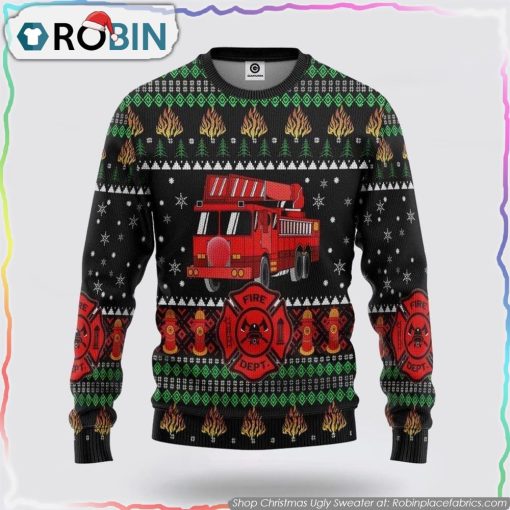 3D Firefighter Truck Ugly Christmas Sweatshirt Christmas Gifts For Firefighters
