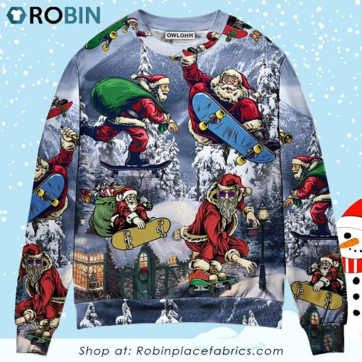 Christmas Santa Claus Skateboarding Snow Mountain Gift Light Art Style Christmas Ugly Sweater, Sweatshirt