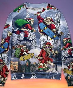 Christmas Santa Claus Skateboarding Snow Mountain Gift Light Art Style Christmas Ugly Sweater, Sweatshirt