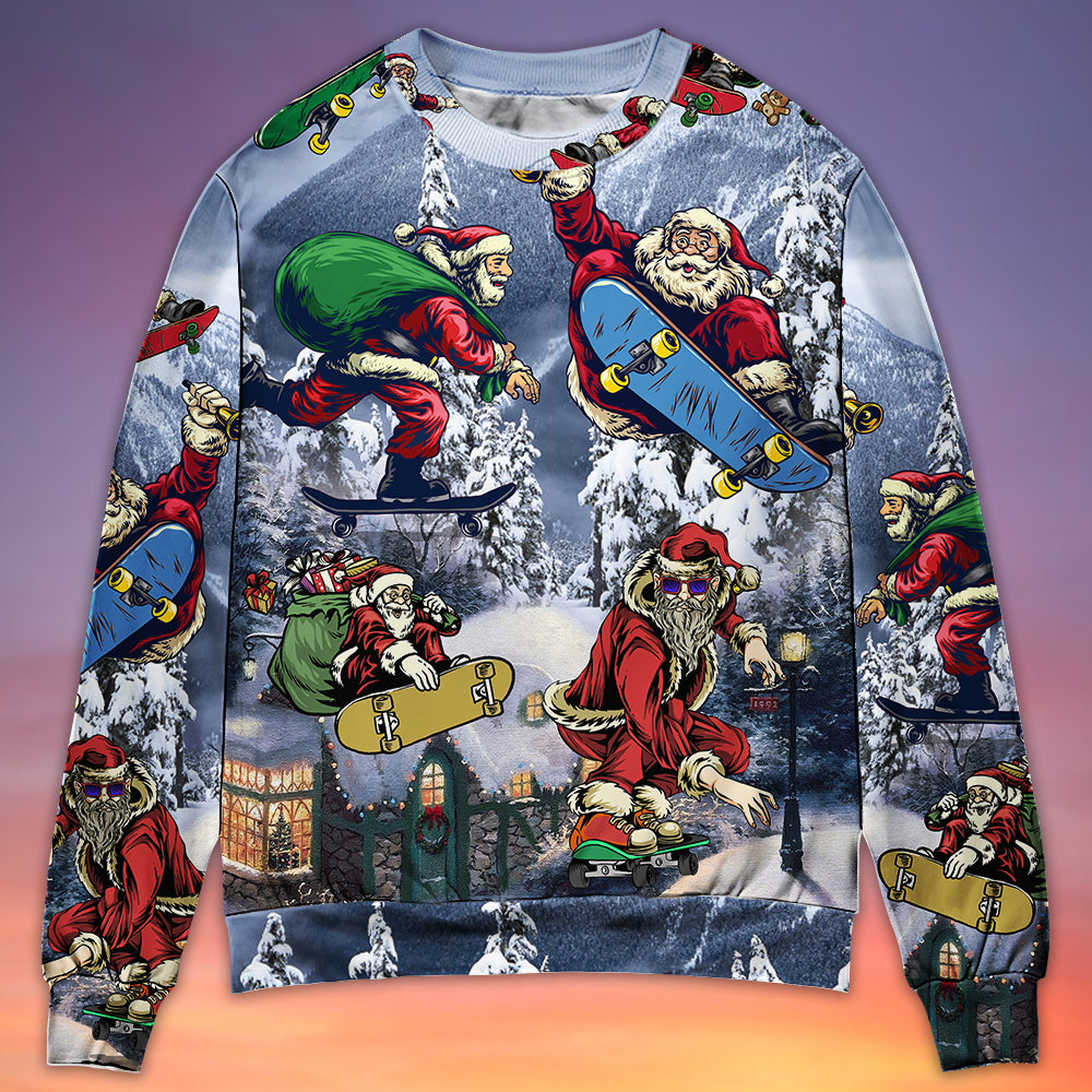 Christmas Santa Claus Skateboarding Snow Mountain Gift Light Art Style Christmas Ugly Sweater Sweatshirt Christmas Santa Claus Skateboarding Snow Mountain Gift Light Art Style Christmas Ugly Sweater, Sweatshirt