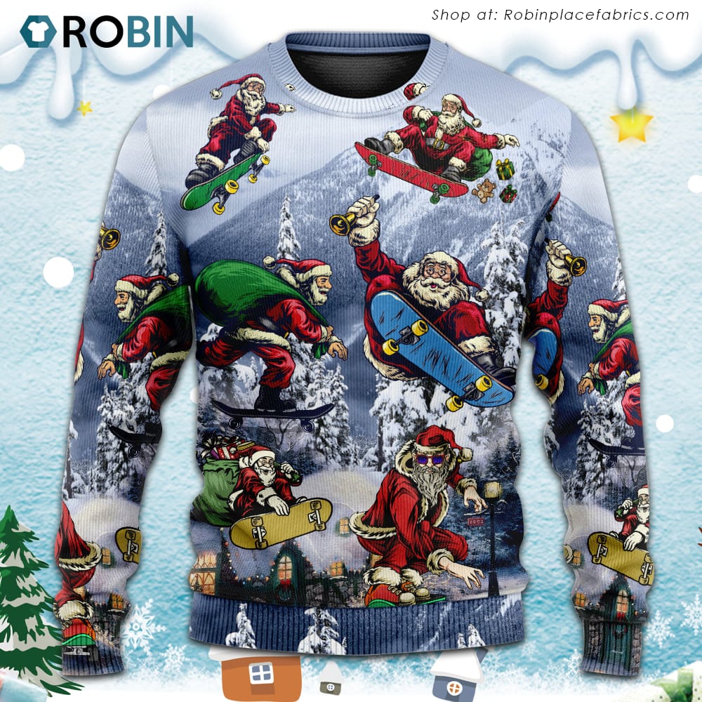 Christmas Santa Claus Skateboarding Snow Mountain Gift Light Art Style Christmas Ugly Sweater, Sweatshirt Christmas Santa Claus Skateboarding Snow Mountain Gift Light Art Style Christmas Ugly Sweater, Sweatshirt