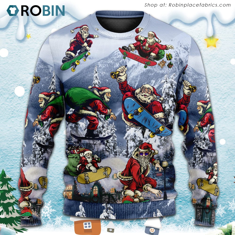 Christmas Santa Claus Skateboarding Snow Mountain Gift Light Art Style Christmas Ugly Sweater, Sweatshirt Christmas Santa Claus Skateboarding Snow Mountain Gift Light Art Style Christmas Ugly Sweater, Sweatshirt