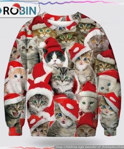 Adorable Cat With Red Hat Christmas Ugly Sweater Cat Lover Christmas Sweater