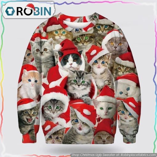 Adorable Cat With Red Hat Christmas Ugly Sweater Cat Lover Christmas Sweater