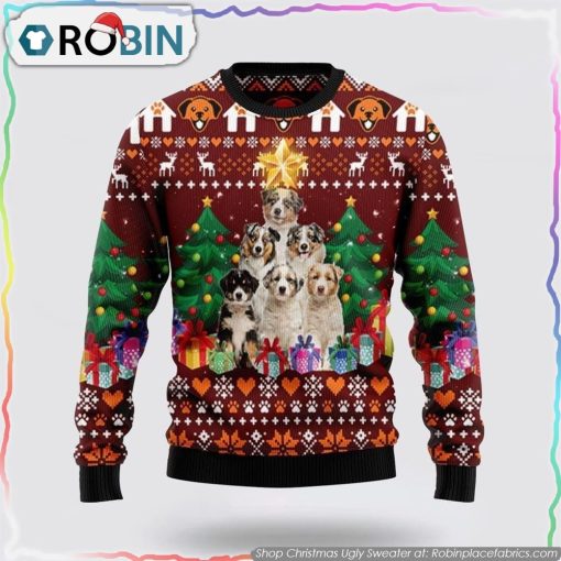 Australian Shepherd Pine Tree Ugly Christmas Sweater, Pet Lover Christmas Sweater
