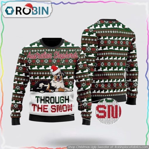 Australian Shepherds Through The Snow Christmas Ugly Sweater, Pet Lover Christmas Sweater