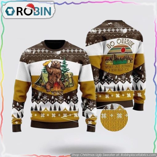 Bear Beer Campfire Yellow Wool Ugly Christmas Sweater Gifts For Pet Lover