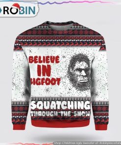 Believe In Bigfoot Squat Ching Through The Snow 3D Christmas Ugly Sweater Gifts For Bigfoot Lovers