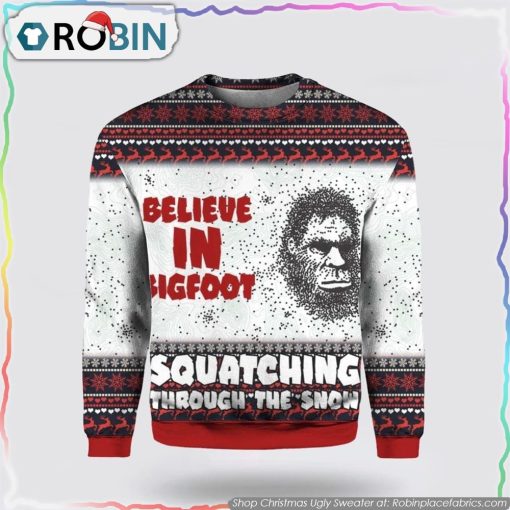 Believe In Bigfoot Squat Ching Through The Snow 3D Christmas Ugly Sweater Gifts For Bigfoot Lovers