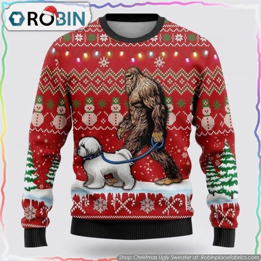 Bigfoot Goes To Spend Christmas With Bichon Frise Christmas Ugly Sweater