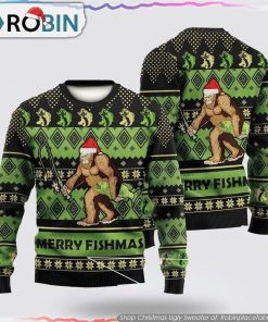 Bigfoot Merry Fishmas Green Ugly Christmas Sweater