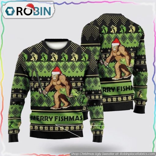 Bigfoot Merry Fishmas Green Ugly Christmas Sweater