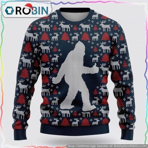 Bigfoot Reindeer And Pine Tree Motifs Blue Pattern Ugly Christmas Sweater