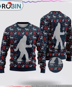 Bigfoot Reindeer And Pine Tree Motifs Blue Pattern Ugly Christmas Sweater
