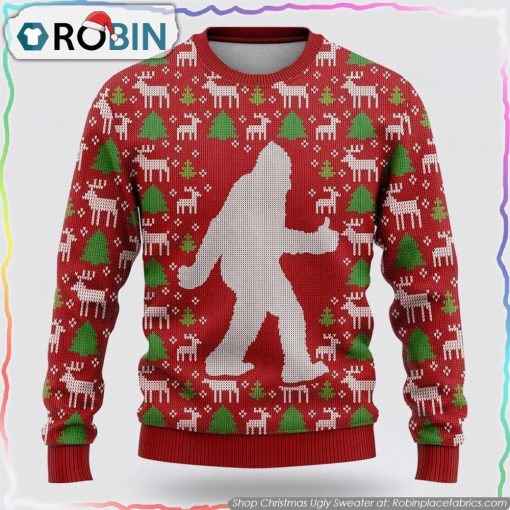 Bigfoot Reindeer And Pine Tree Motifs Christmas Ugly Sweater