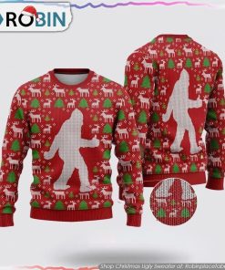 Bigfoot Reindeer And Pine Tree Motifs Christmas Ugly Sweater