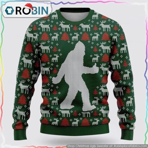 Bigfoot Reindeer And Pine Tree Motifs Green Pattern Ugly Christmas Sweater