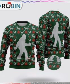 Bigfoot Reindeer And Pine Tree Motifs Green Pattern Ugly Christmas Sweater