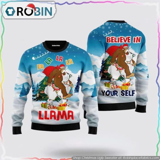 Bigfoot Riding Llama Ugly Christmas Sweater Gifts For Bigfoot Lovers