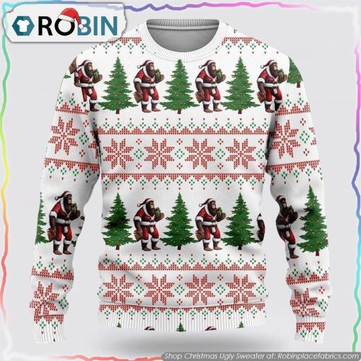 Bigfoot Santa Claus And Pine Tree Christmas Ugly Sweater