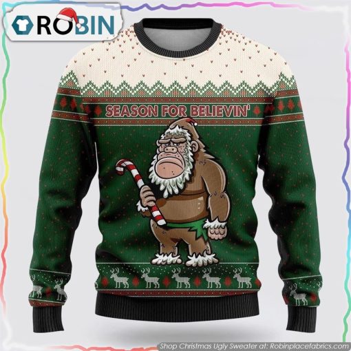 Bigfoot Season For Believin Green And White Pattern Christmas Ugly Sweater