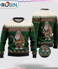 Bigfoot Season For Believin Green And White Pattern Christmas Ugly Sweater Bigfoot Season For Believin Green And White Pattern Christmas Ugly Sweater